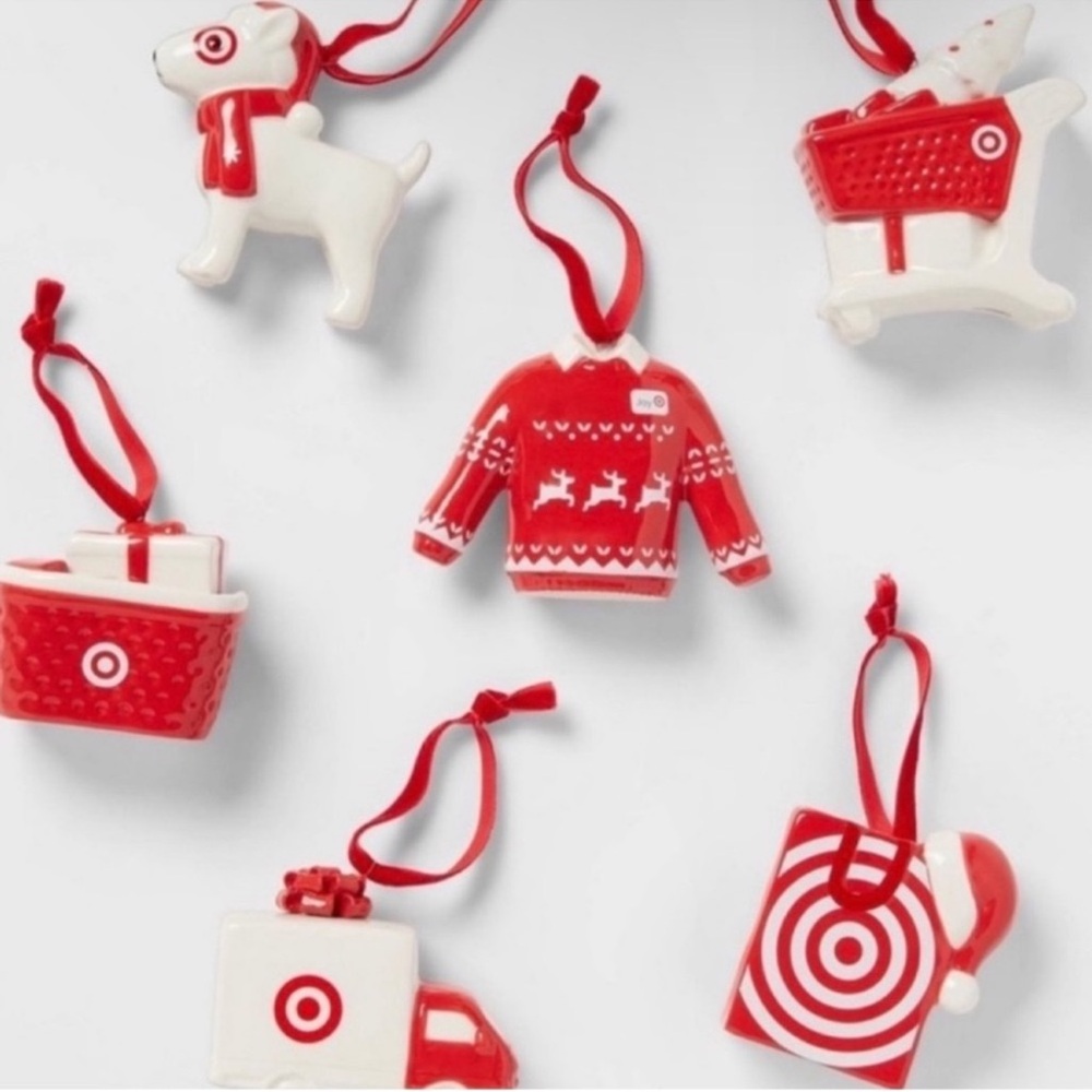 New Target Wondershop Christmas Tree Ceramic Ornament Set. Set of 6 red & white
